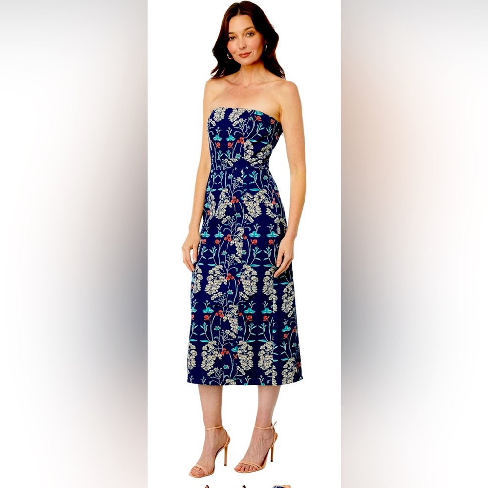 EUC En Saison Navy Pink Floral Denim Strapless Midi Pencil Dress NEVER WORN